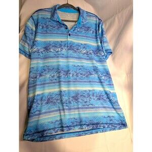 Paradise Collection Men's Blue Tropical Floral Striped Polo Shirt Short Sleeve L